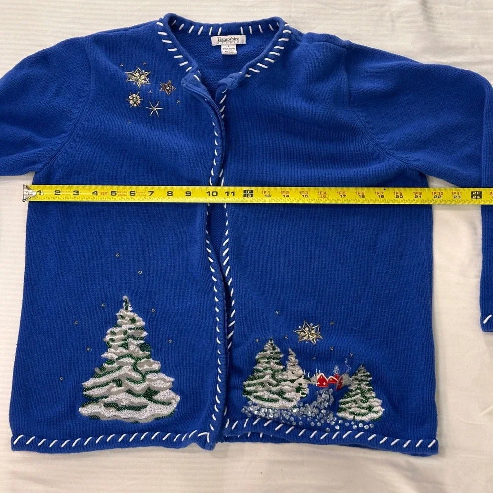 Hampshire Studio Blue Christmas Tree Zipper Cardigan Sweater‎ L Beaded Holiday - Picture 8 of 8